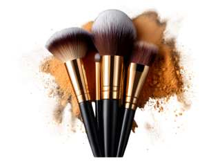 "Set of makeup brushes with scattered powder, isolated on transparent background"