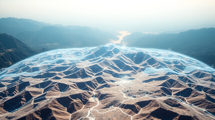 Futuristic Holographic Terrain environment, geomorphology, topography and digital data telemetry information display motion graphic user interface head up display screen