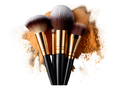 "Set of makeup brushes with scattered powder, isolated on transparent background"
