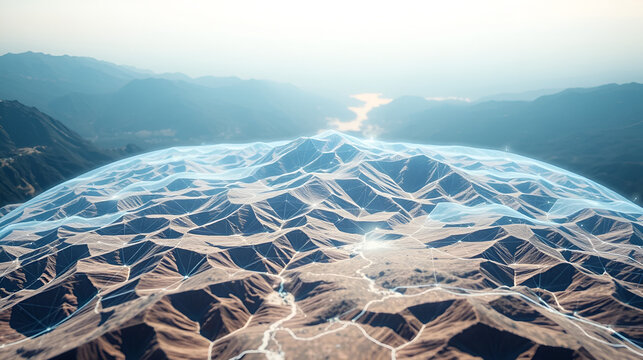 Futuristic Holographic Terrain environment, geomorphology, topography and digital data telemetry information display motion graphic user interface head up display screen