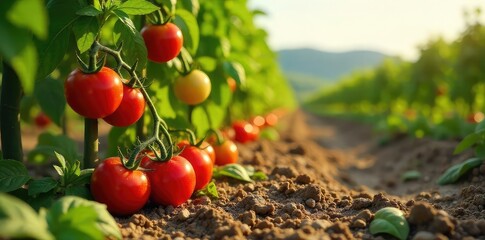 Sun-drenched tomatoes ripening on the vine alongside fragrant basil and oregano in a vibrant Italian food plantation Rows of vegetables thrive under the Tuscan sun , ripening, delicious, Tuscan sun