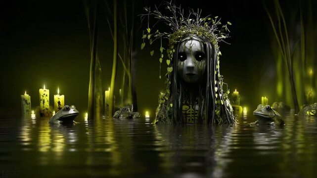 A serene water setting features an enigmatic statue adorned with foliage surrounded by flickering candles and curious frogs, evoking the magic of Slavic mythology and ancient rituals