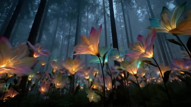 Illuminated Flowers with Misty Forest.