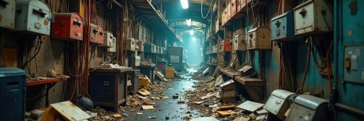 A chaotic scene of overflowing mailboxes, tangled wires, and neglected equipment, symbolizing a dysfunctional and overwhelmed service provider , emergency, critical