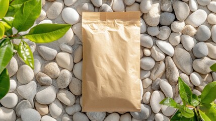 Recycled paper packet on a bed of stones.