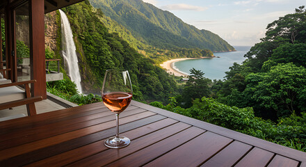 glass of rosé on teak table, elegant villa in the mountains, horizon shows sea, white sand shore, waterfall falling into forest-Picsart-AiImageEnhancer