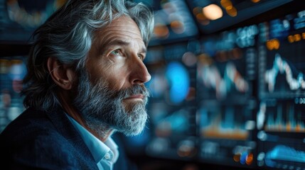 Fototapeta premium Anxious investor during financial economic crisis, stock market crash, Close up of a businessman looking out of window, corporate leader reflecting, staring at city skyscrapers