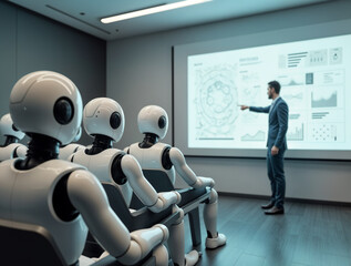 Humanoid robots sitting in a futuristic classroom, learning from a human instructor pointing at digital charts. Concept of AI training and machine learning development.