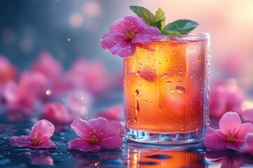 Refreshing summer drink with flower garnish, surrounded by pink petals on a glossy surface