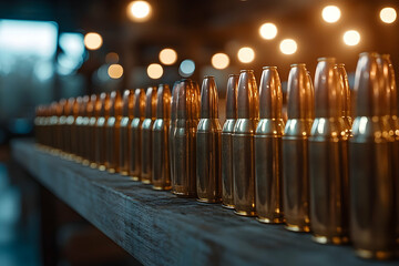 Golden bullets on wooden surface manufacturing setting