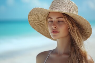Peaceful woman in straw hat on the beach with eyes closed, serene summer portrait