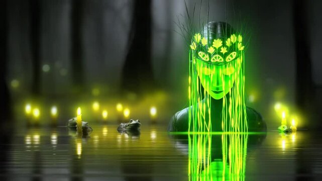Immerse yourself in the depths of Slavic mythology as ethereal spirits emerge from the forest at twilight, adorned with glowing ornaments and surrounded by flickering candles