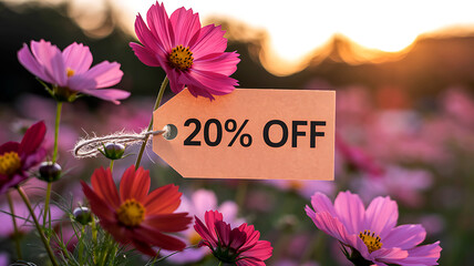 Beautiful cosmos flowers with sale tag indicating twenty percent discount offer