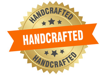 hand crafted. hand crafted round orange and gold label isolated on transparent background
