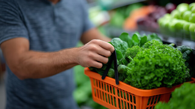 Conscious male shopper choosing organic vegetables with orange basket in a brightly lit market, symbolizing sustainable choices, clean eating, and mindful grocery shopping habits, grocery shopping,