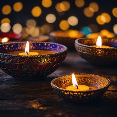 Multiple Lit Oil Lamps on a Weathered Wooden Surface with Blurred Lights