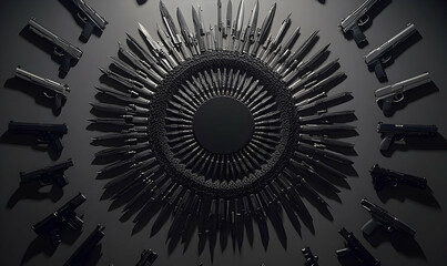 Circular knife and gun arrangement monochrome high contrast background