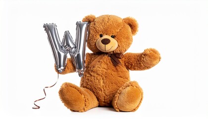 Cute brown teddy bear with balloon letter W. Baby name reveal after child birth. Stuffed animal isolated on white background
