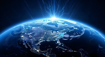 Blue Earth with Electric Discharge From Space at Night