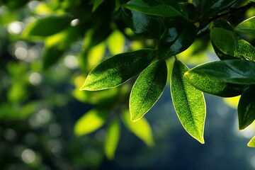 Obraz premium Fresh green leaves sparkling in gentle sunlight