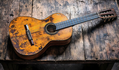 Fototapeta premium Aged acoustic guitar on wooden surface vintage music instrument