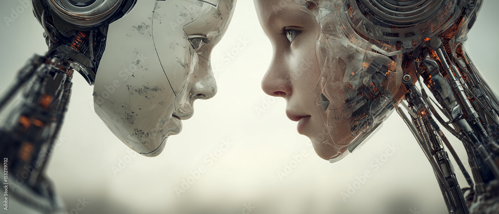 Poster two humanoid robots facing each other in close proximity with detailed mechanical components visible