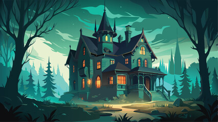 Spooky Halloween night with pumpkins, bats, and a cartoon moon, perfect for an autumn holiday celebration