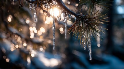 Sparkling icicles adorn a crystal tree at a snowy mountain peak, capturing winter's enchanting beauty