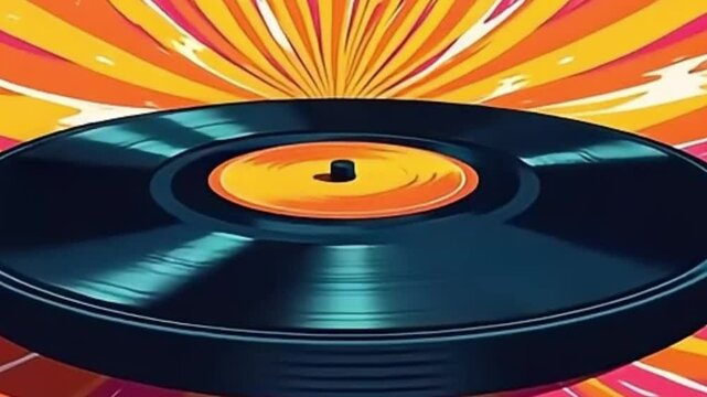 retro record animation, spinning vinyl vector, 70s style background, flat color record disc, retro music loop, vintage disc rotation, vector animation loop, groovy record spinning, psychedelic vinyl 