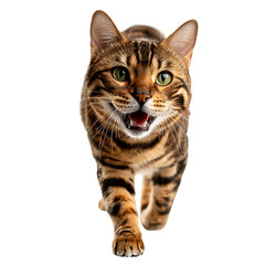 Bengal Cat on the Move: A stunning Bengal cat strides forward with its distinctive patterned coat, its eyes gleaming with curiosity and energy, captured in a dynamic, high-quality shot.