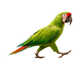 Graceful Parrot in a Stroll: A captivating image showcasing a vibrant, green parrot, elegantly strolling, with its vivid plumage, striking features and lively disposition.