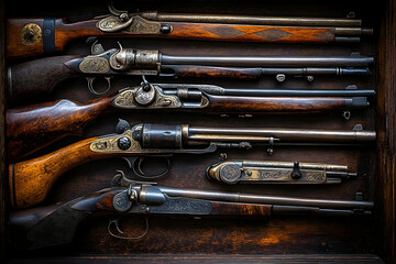 Naklejka premium Antique firearms collection in wooden case vintage weapons ornate details