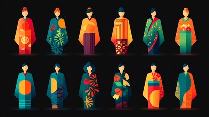 Kimono Silhouette Fashion Impact cultural diversity garment outline fabric pattern icons global couture motif elegance diffusion vector illustration