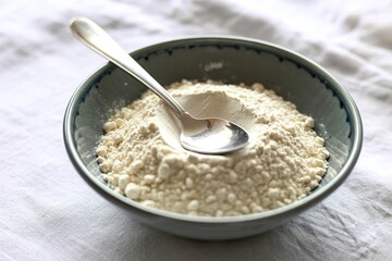 A photograph of a dark gray ceramic bowl filled with a pristine mound of white flour