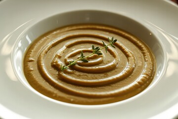 A photograph of a creamy mushroom soup puree