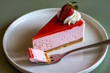 A photograph of a decadent slice of strawberry cheesecake
