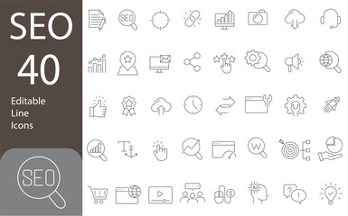 Search Engine Optimization Line Icons Set. technology, web development, strategy, optimization and more. Vector illustration