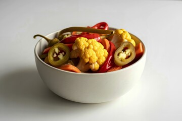 A photograph of a pristine white ceramic bowl filled with a vibrant assortment of pickled vegetables