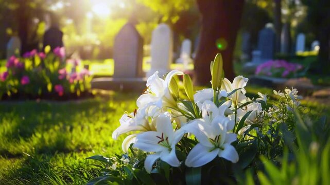 Funeral with white lily flowers at gravestone memorial in cemetery with sunset close-up. Funeral concept