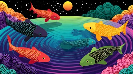 Koi Pond Aesthetic Revival cultural diversity fish silhouettes water ripple patterns urban landscape design trend serenity motif vector illustration