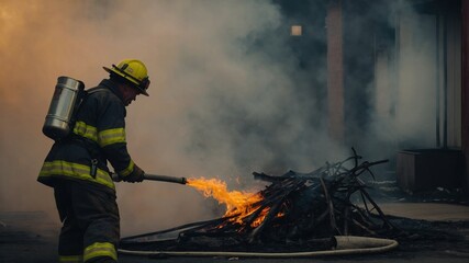 Firefighter Extinguishing Burning Wood Pile with Hose in Smoky Environment