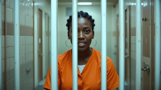 Unhappy African American woman prisoner in orange jumpsuit in detention cell. Concept Unhappy, African American, Prisoner, Detention Cell, Orange Jumpsuit