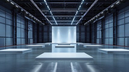 Professional stage for corporate displays, platform components in spacious hall, screenless system design
