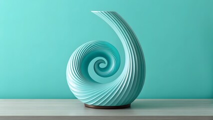 Obraz premium Abstract teal spiral sculpture on wooden surface