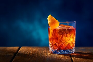 Old Fashioned Cocktail with Orange Peel Garnish on Wooden Bar Top Against Blue