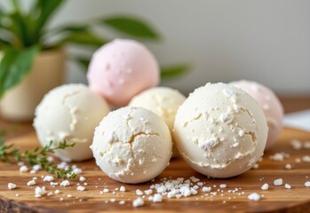 Fototapeta premium organic bath bombs and salts providing detoxifying and soothing experiences using plant based ingredients.