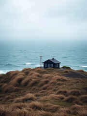 Isolated cabin sits on windswept grassy hill overlooking choppy ocean, emitting feeling of serenity despite weather.