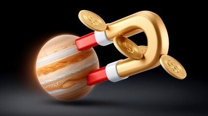 Gold Magnet Attracting Planetary Orb with Coins on Dark Background