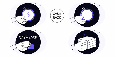 Cash back reward icons hand receiving money and stack