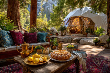 Cozy outdoor seating area with colorful cushions, wooden table, fresh lemons, cake, and lit geodesic dome tent in forest